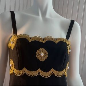 JARIN by Ruben Panis Vintage black sheath dress faux pearls & gold lace Size 8